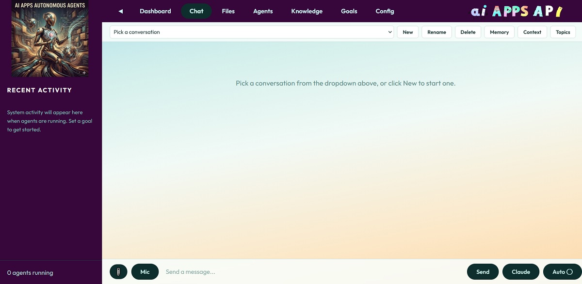 The agent console, the chat view where you direct the system and choose the model